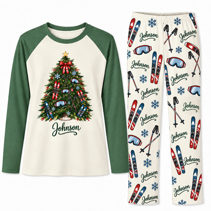 Personalized Family Name Skis & Snowflakes Christmas Tree Matching Pajamas