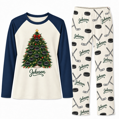 Custom Name Ice Hockey Christmas Tree Matching Pajama Sets