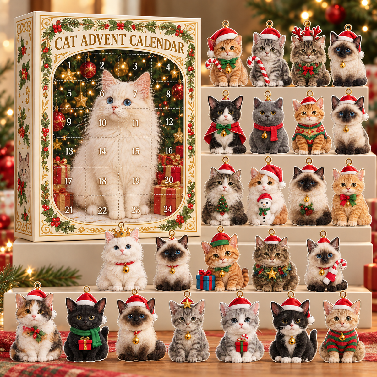 2D Acrylic Cat Advent Calendar 2026: 24 Mini Cat Figurines, Holiday Decor