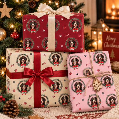 Personalized Dog Photo Christmas Wreath Wrapping Paper