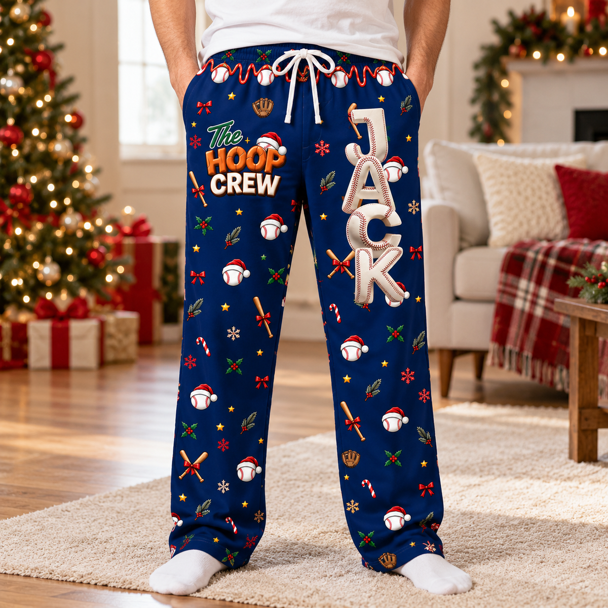 Personalized Baseball Christmas Pajama Pants, Custom Name Baseball Lounge Pants
