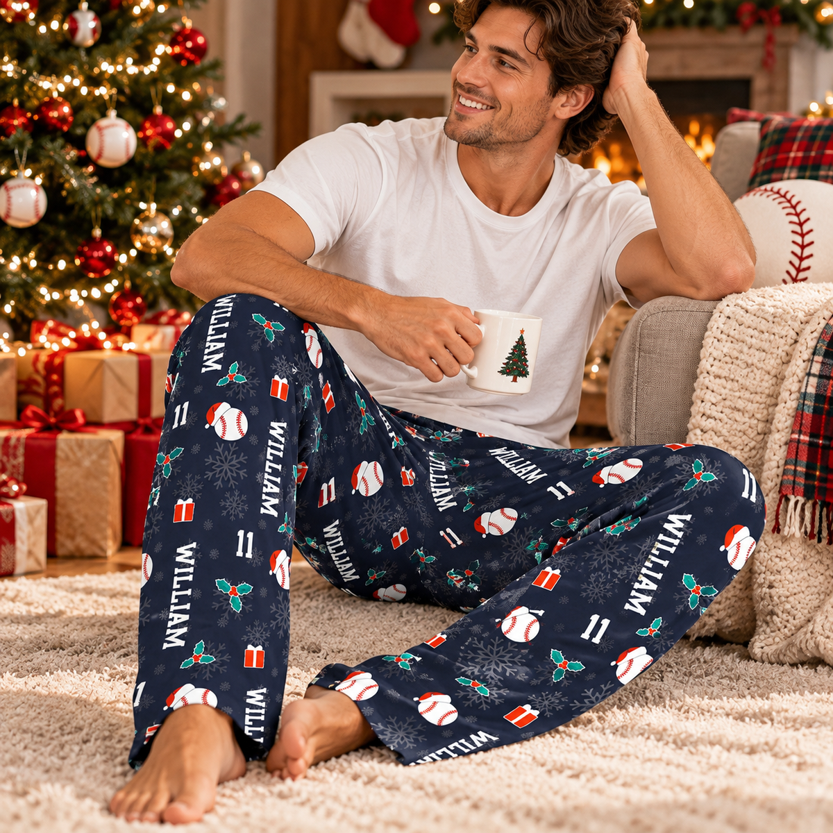 Personalized Baseball Christmas Pajama Pants, Custom Name & Number Baseball Lounge Pants, Baseball Player Christmas Gift
