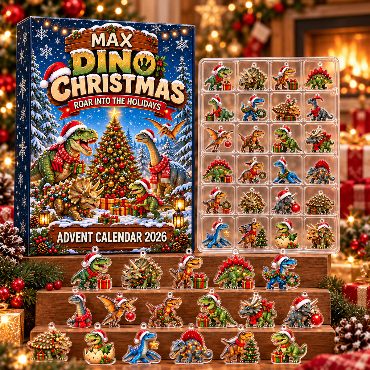 Personalized Dino Christmas Advent Calendar 2026 – 2D Acrylic Dinosaur Collectible Countdown