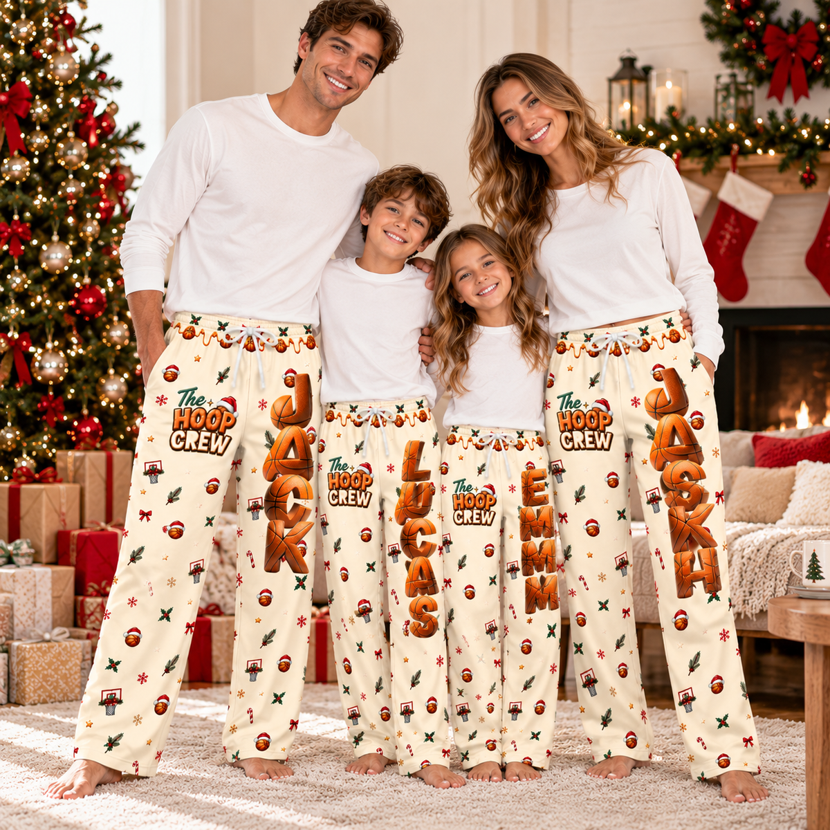 Personalized Basketball Christmas Pajama Pants, Custom Name Matching Christmas PJs