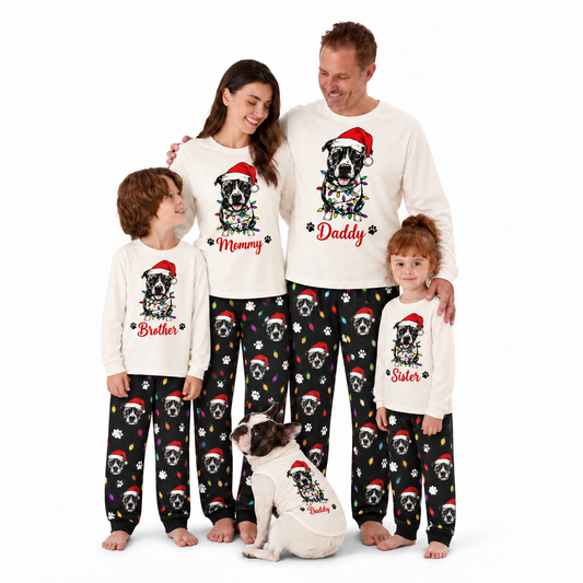 Personalized Cute Christmas Lights Dog Matching Family Christmas Pajamas With Custom Pet Face