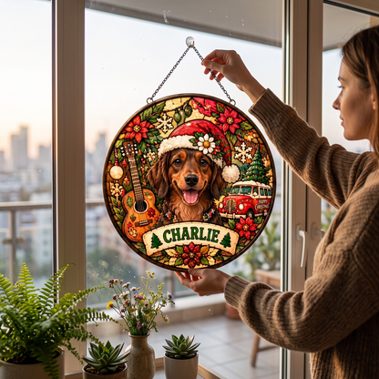 Personalized Hippie Christmas Pet Portrait Stained Glass Suncatcher – Custom Pet Name, Groovy Holiday Window Hanging Gift