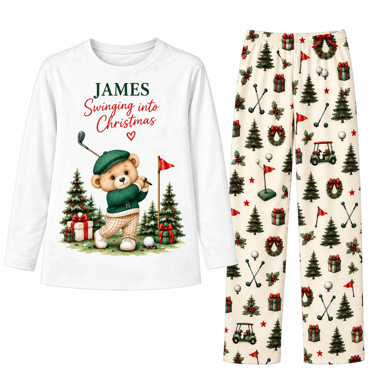 Custom Name Golf Teddy Bear Swinging Into Christmas Family Sleepwear Christmas