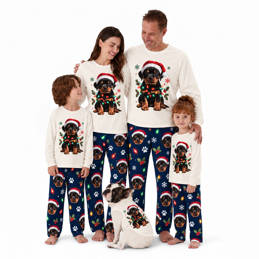 Custom Pet Photo Cute Christmas Lights Rottweiler Matching Family Christmas Pajamas