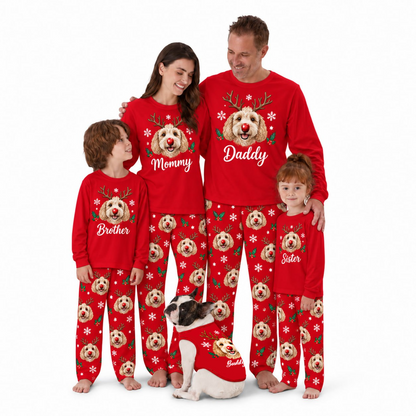 Custom Name Cute Dog Lover Reindeer Matching Family Christmas Pajamas With Pet