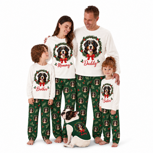 Personalized Cute Christmas Wreath Dog Matching Family Christmas Pajamas With Custom Pet Face