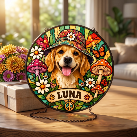 Personalized Hippie Pet Portrait Stained Glass Suncatcher – Custom Pet Name, Groovy Flower Power Peace Window Hanging Gift