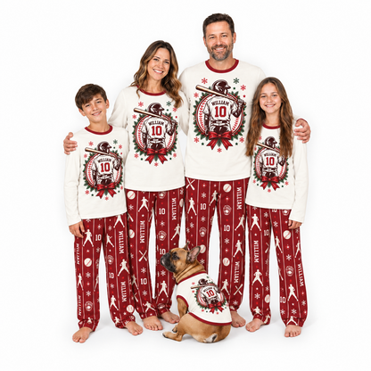 Personalized Cute Baseball Player Christmas Wreath Matching Family Christmas Pajamas With Custom Name & Number