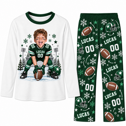 Custom Photo Name & Number Cute American Football Player Christmas Matching Family Pajamas