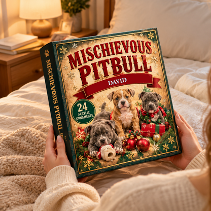 Personalized Mischievous Pitbull Advent Calendar – Custom Name 24 Days Christmas Dog Ornaments