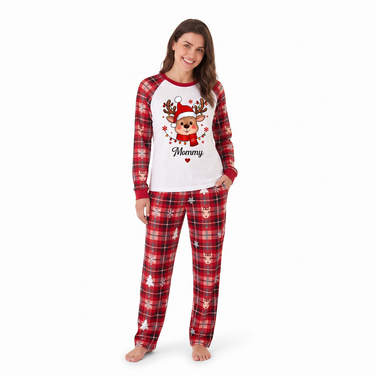 Cute Personalized Reindeer Santa Plaid Family Christmas Pajamas With Pet
