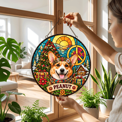 Personalized Hippie Christmas Pet Portrait Stained Glass Suncatcher – Custom Pet Name, Groovy Peace Holiday Window Hanging Gift