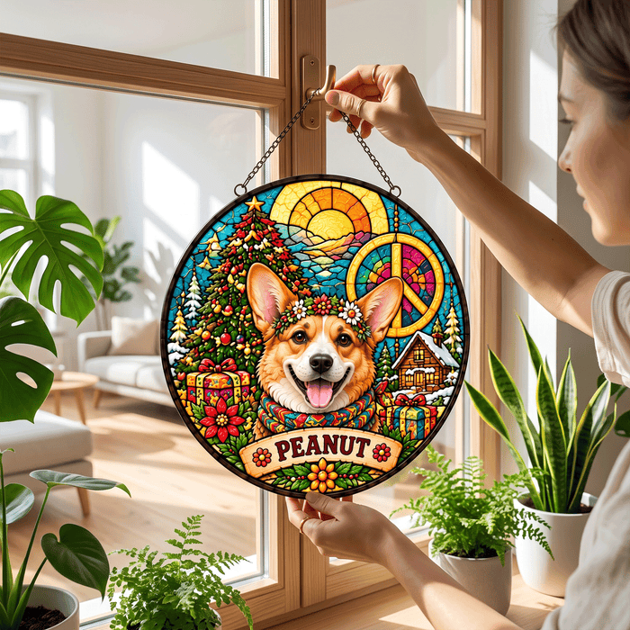 Personalized Hippie Christmas Pet Portrait Stained Glass Suncatcher – Custom Pet Name, Groovy Peace Holiday Window Hanging Gift