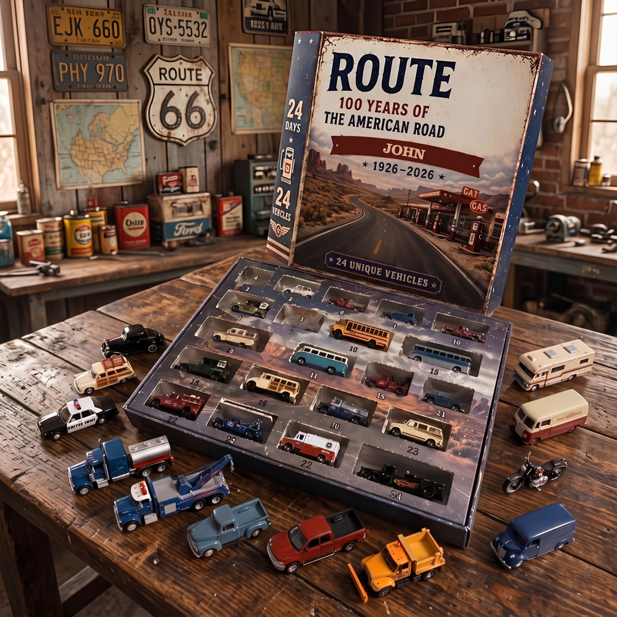 Personalized Route 66 Advent Calendar 2026, 24 Miniature Vehicles, Classic Car Christmas Gift for Men, Vintage Truck & Road Trip Lovers