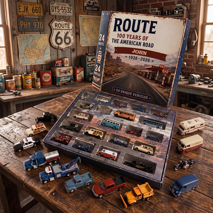 Personalized Route 66 Advent Calendar 2026, 24 Miniature Vehicles, Classic Car Christmas Gift for Men, Vintage Truck & Road Trip Lovers