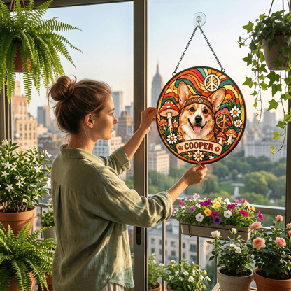 Personalized Hippie Pet Portrait Stained Glass Suncatcher – Custom Pet Name, Boho Hippie Window Hanging Gift