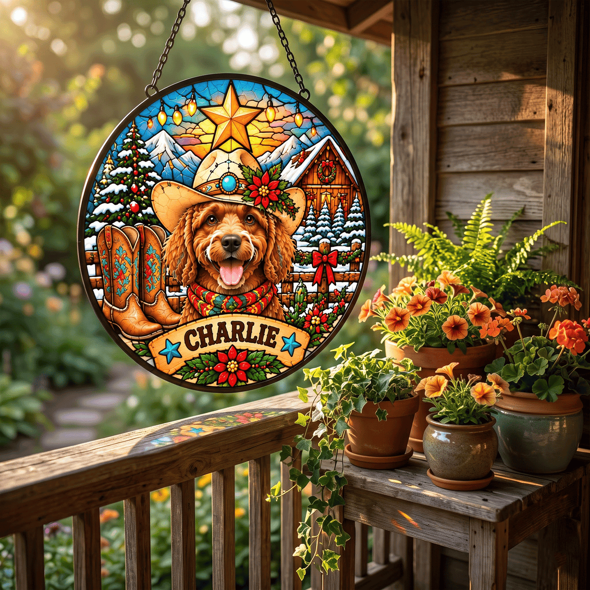 Personalized Western Christmas Pet Portrait Stained Glass Suncatcher – Custom Pet Name, Cowboy Holiday Window Hanging Gift
