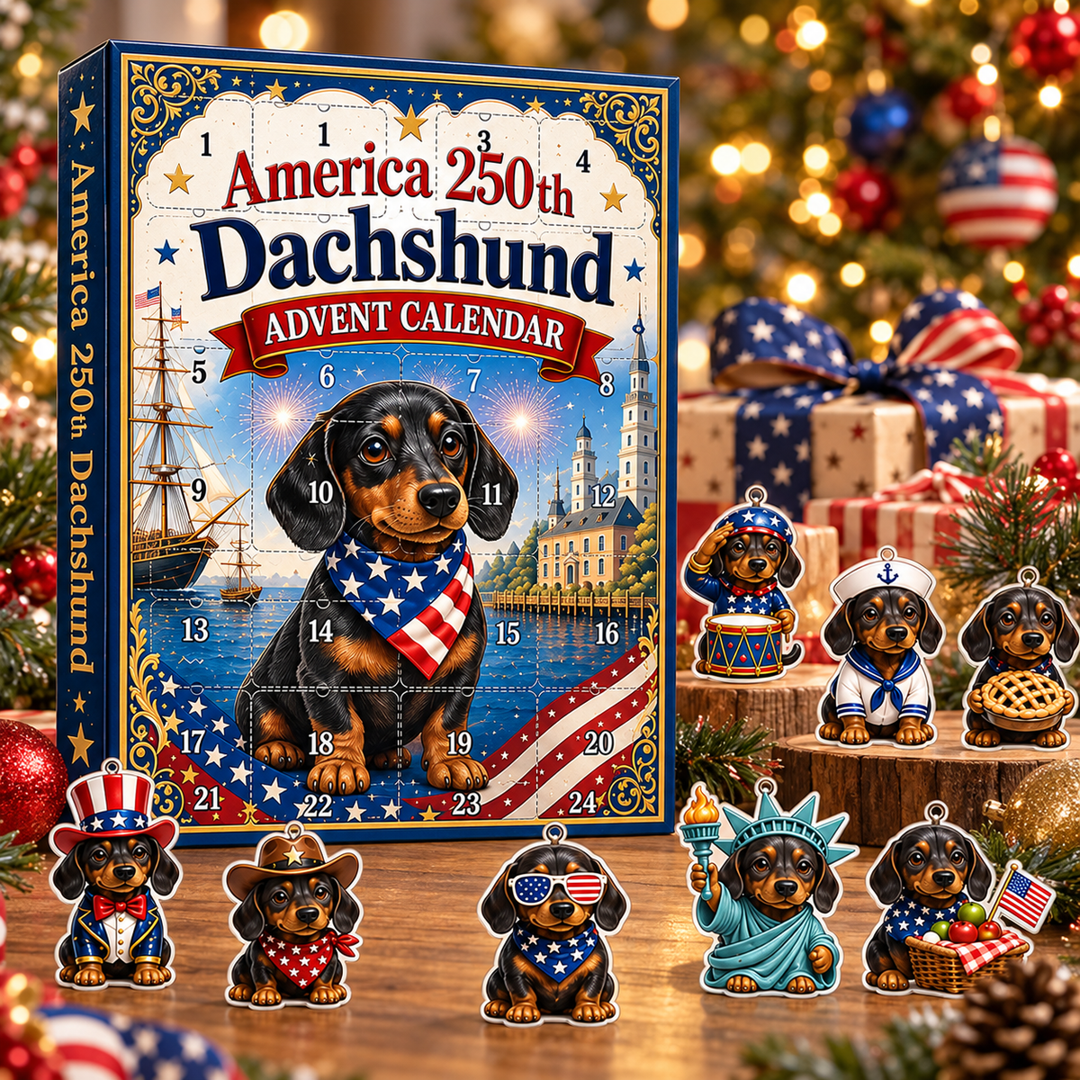 America 250th Dachshund Advent Calendar, 24 Days Patriotic Dog Christmas Countdown Gift