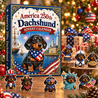 America 250th Dachshund Advent Calendar, 24 Days Patriotic Dog Christmas Countdown Gift