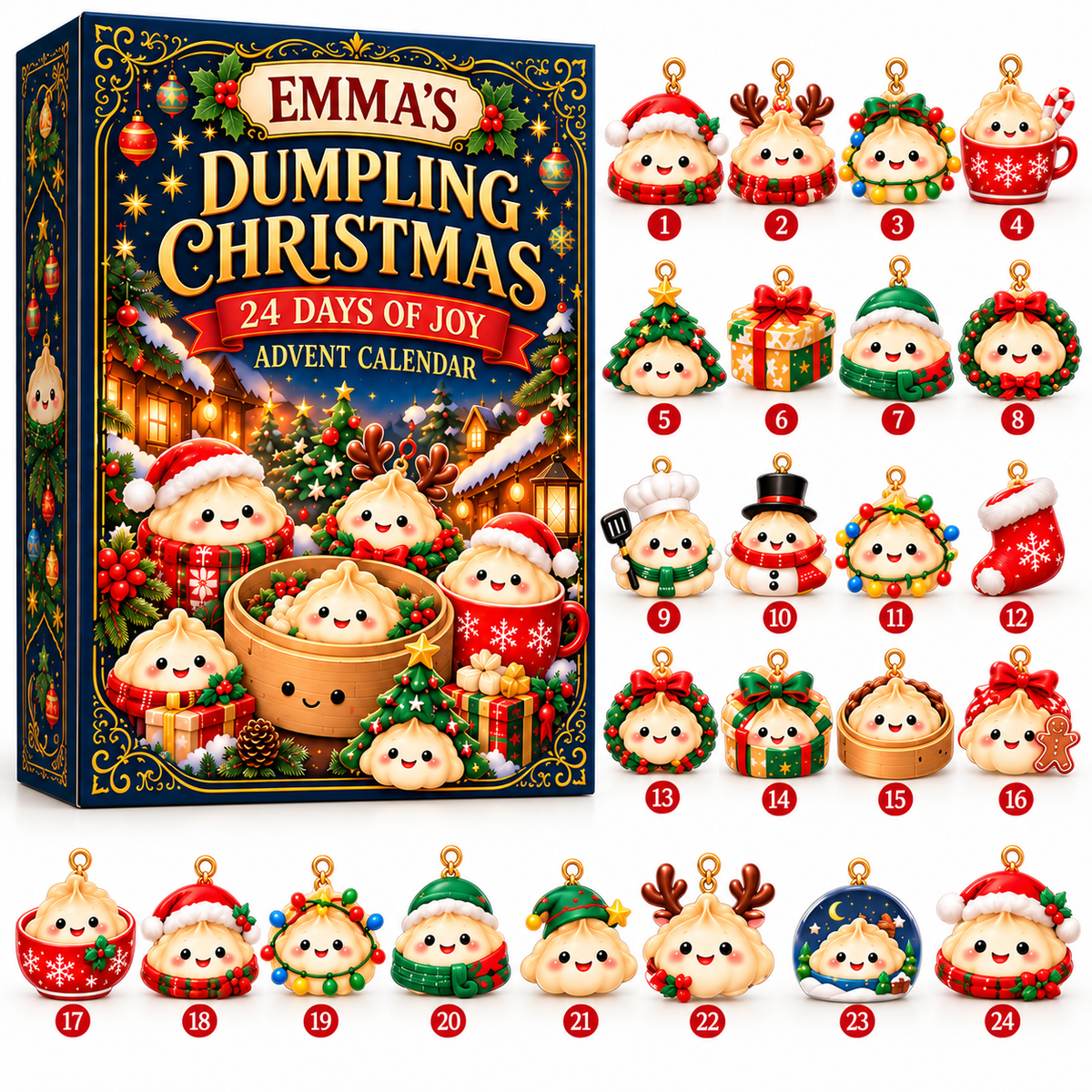 Personalized Dumpling Advent Calendar 2026 – 24 Cute Christmas Ornaments