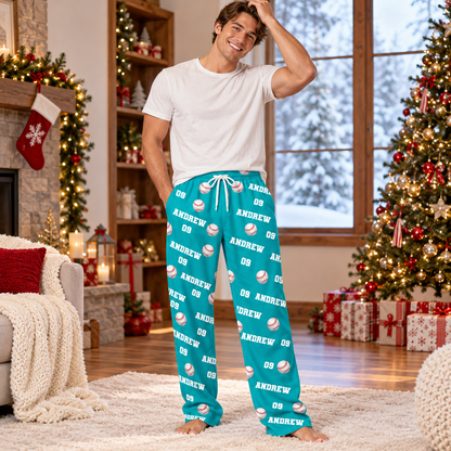 Personalized Baseball Pajama Pants – Custom Name & Number Lounge Pants, Baseball Player Gift