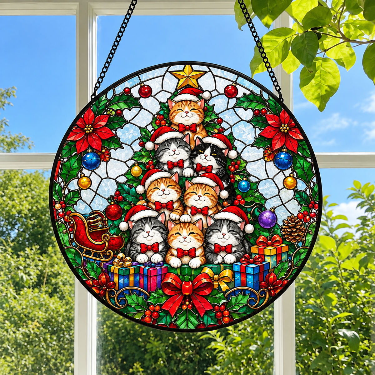 Festive Cat Christmas Tree Stained Glass Suncatcher – Cute Cat Window Hanging Ornament, Christmas Gift for Cat Lovers