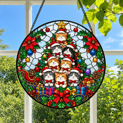 Festive Cat Christmas Tree Stained Glass Suncatcher – Cute Cat Window Hanging Ornament, Christmas Gift for Cat Lovers