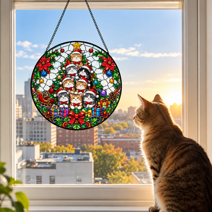 Festive Cat Christmas Tree Stained Glass Suncatcher – Cute Cat Window Hanging Ornament, Christmas Gift for Cat Lovers