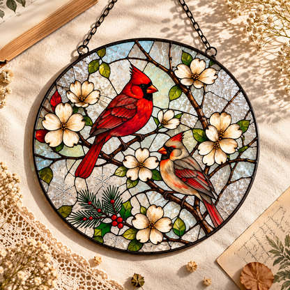 Elegant Cardinal Stained Glass Suncatcher – Two Red Birds Memorial Window Hanging, Sympathy Remembrance Gift