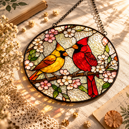 Elegant Cardinal Stained Glass Suncatcher – Two Red Birds Memorial Window Hanging, Sympathy Remembrance Gift