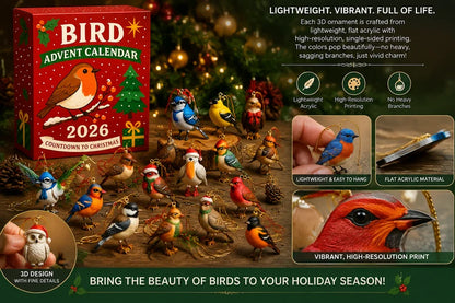 Bird Christmas Acrylic Advent Calendar 2026 – 24 Colorful Bird Acrylic Ornaments, Christmas Countdown Gift for Bird Lovers