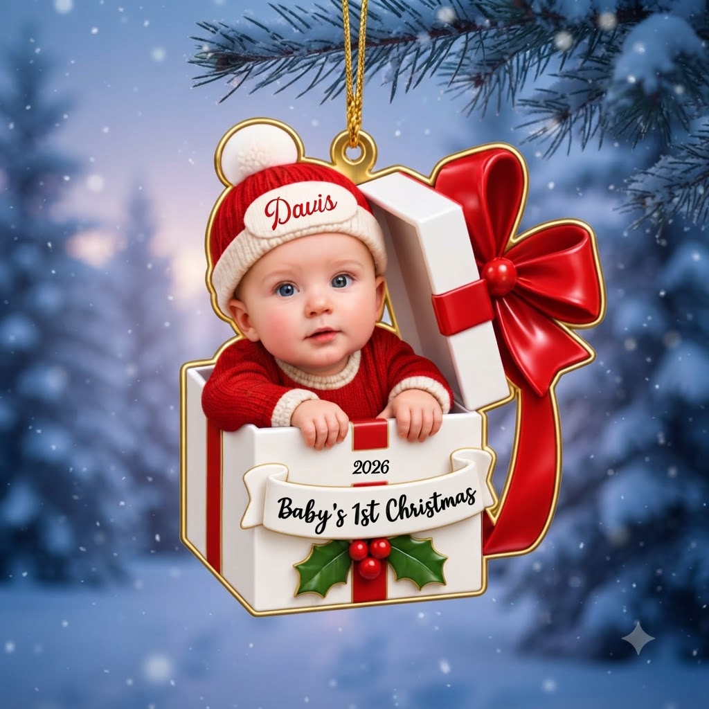 Adorable Custom Name Year Baby In Gift Box First Christmas Ornament