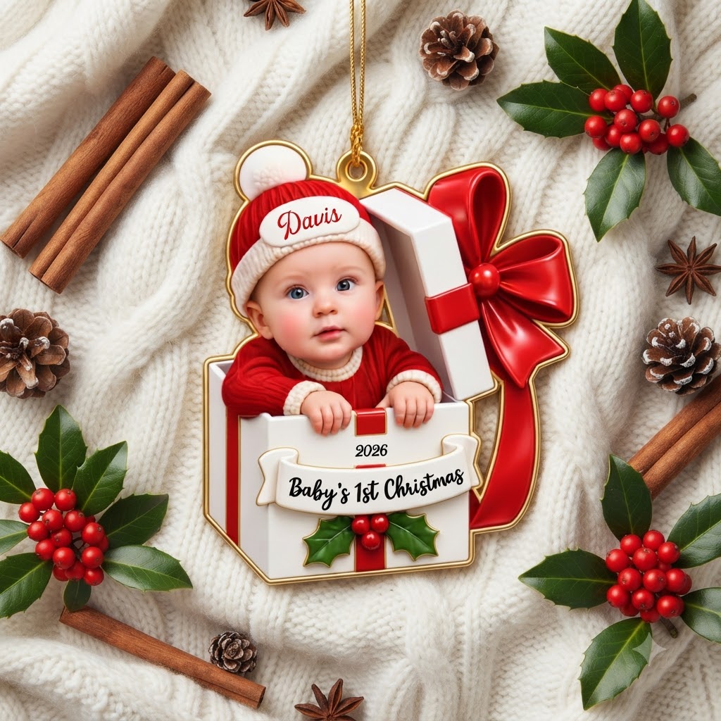 Adorable Custom Name Year Baby In Gift Box First Christmas Ornament