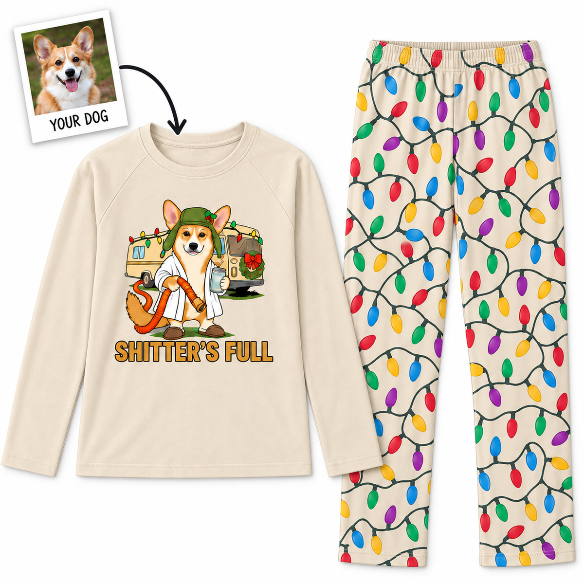 Custom photo dog Cousin Eddie Christmas pajamas with colorful lights pants