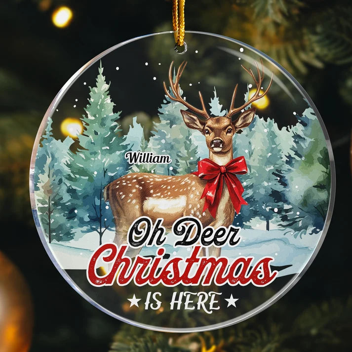 Cute Oh Deer Christmas Is Here Personalized Acrylic Photo Ornament