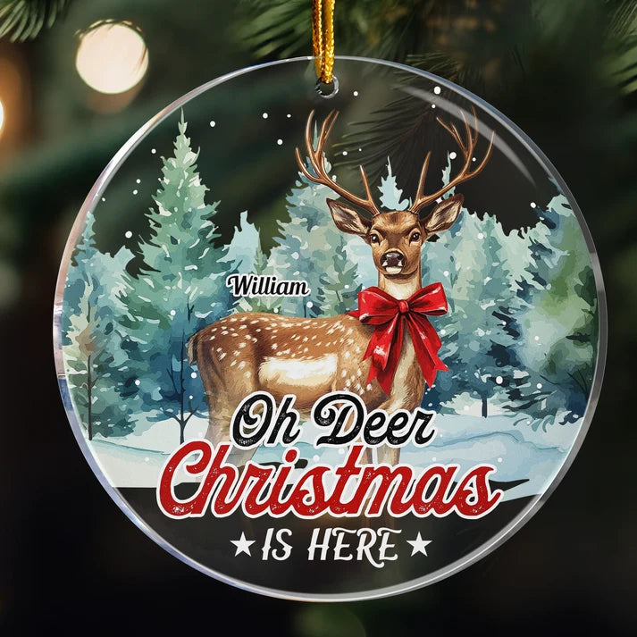 Cute Oh Deer Christmas Is Here Personalized Acrylic Photo Ornament