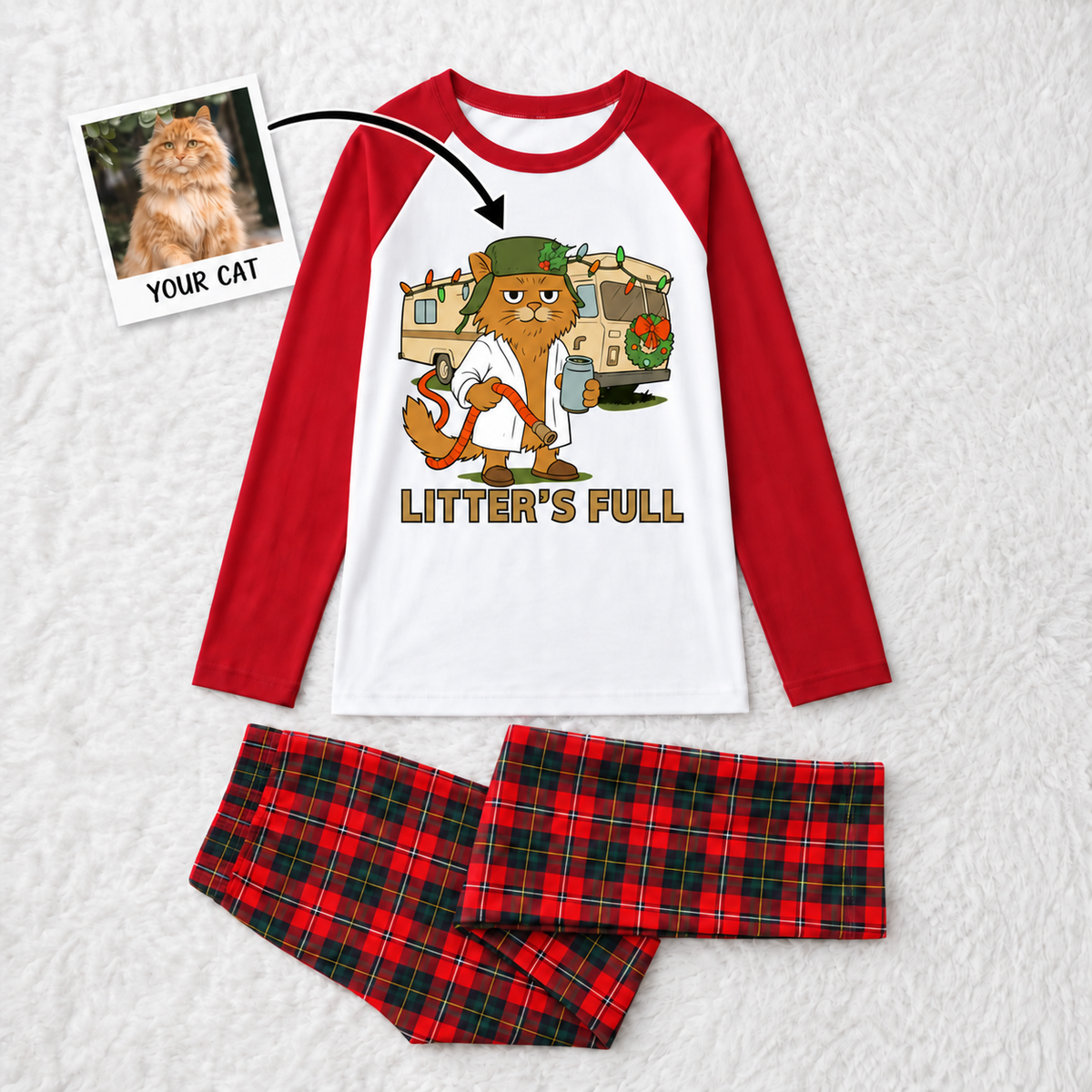 Funny Custom Pet Photo Litter’s Full Plaid Family Christmas Pajamas