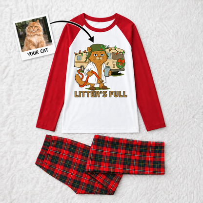 Funny Custom Pet Photo Litter’s Full Plaid Family Christmas Pajamas