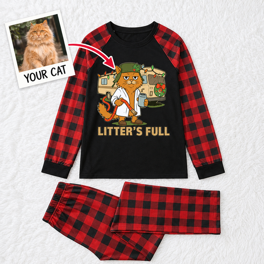 Custom Photo Funny Cat Litter's Full RV Christmas Red Plaid Family Christmas Pajamas With Pet