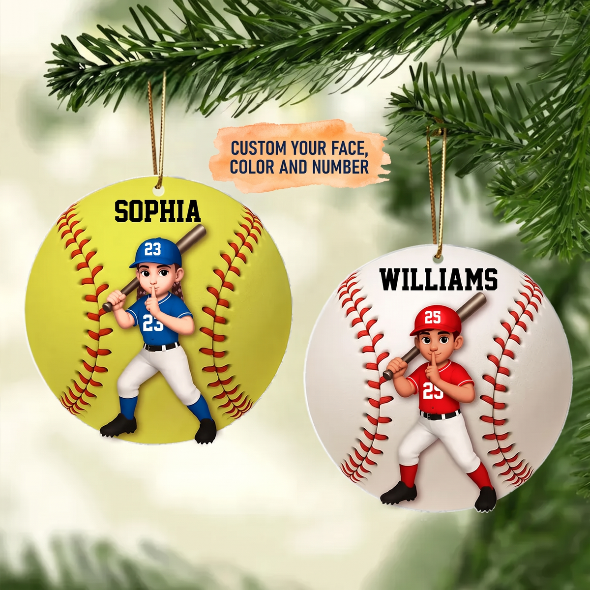 Personalized Baseball Softball Ornament, Custom Name Face Player Christmas Gift