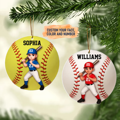 Personalized Baseball Softball Ornament, Custom Name Face Player Christmas Gift