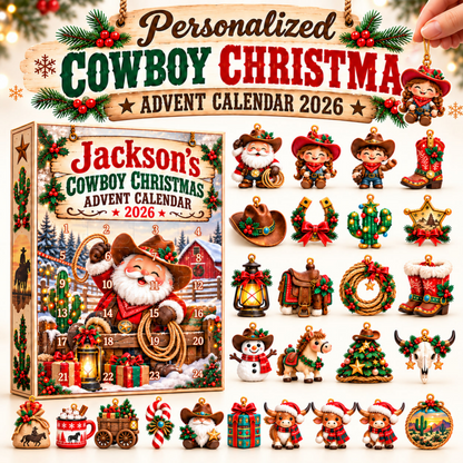 Personalized Cowboy Christmas Advent Calendar 2026 – 24 Western Cowboy Ornaments