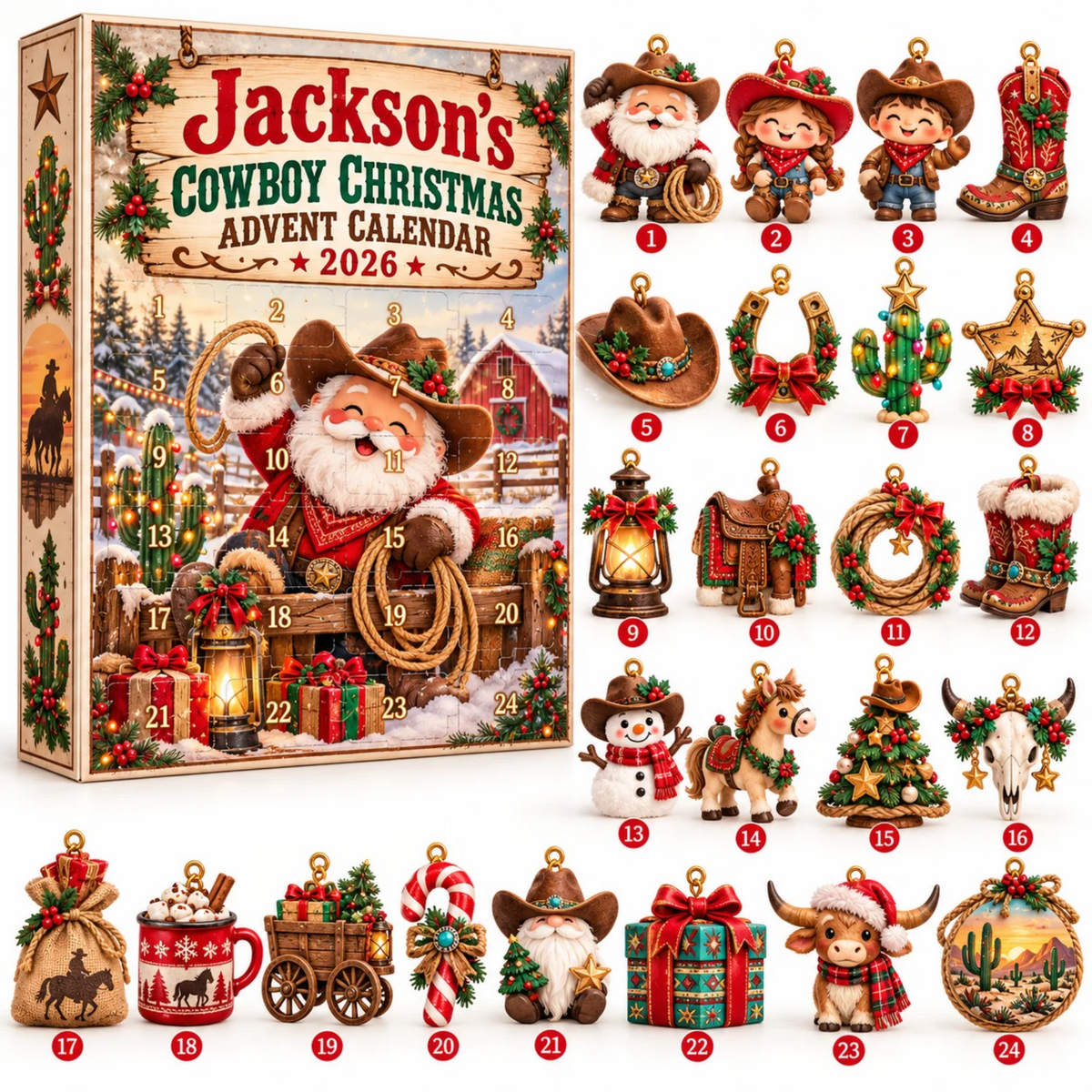 Personalized Cowboy Christmas Advent Calendar 2026 – 24 Western Cowboy Ornaments