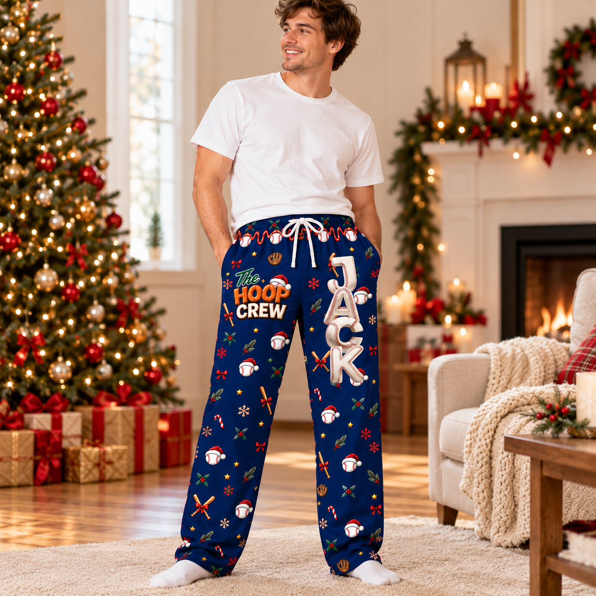 Personalized Baseball Christmas Pajama Pants, Custom Name Baseball Lounge Pants