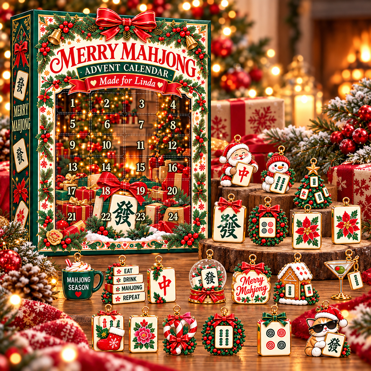 Personalized Merry Mahjong 24-Piece 2D Acrylic Advent Calendar – Christmas Countdown Gift for Mahjong Lovers