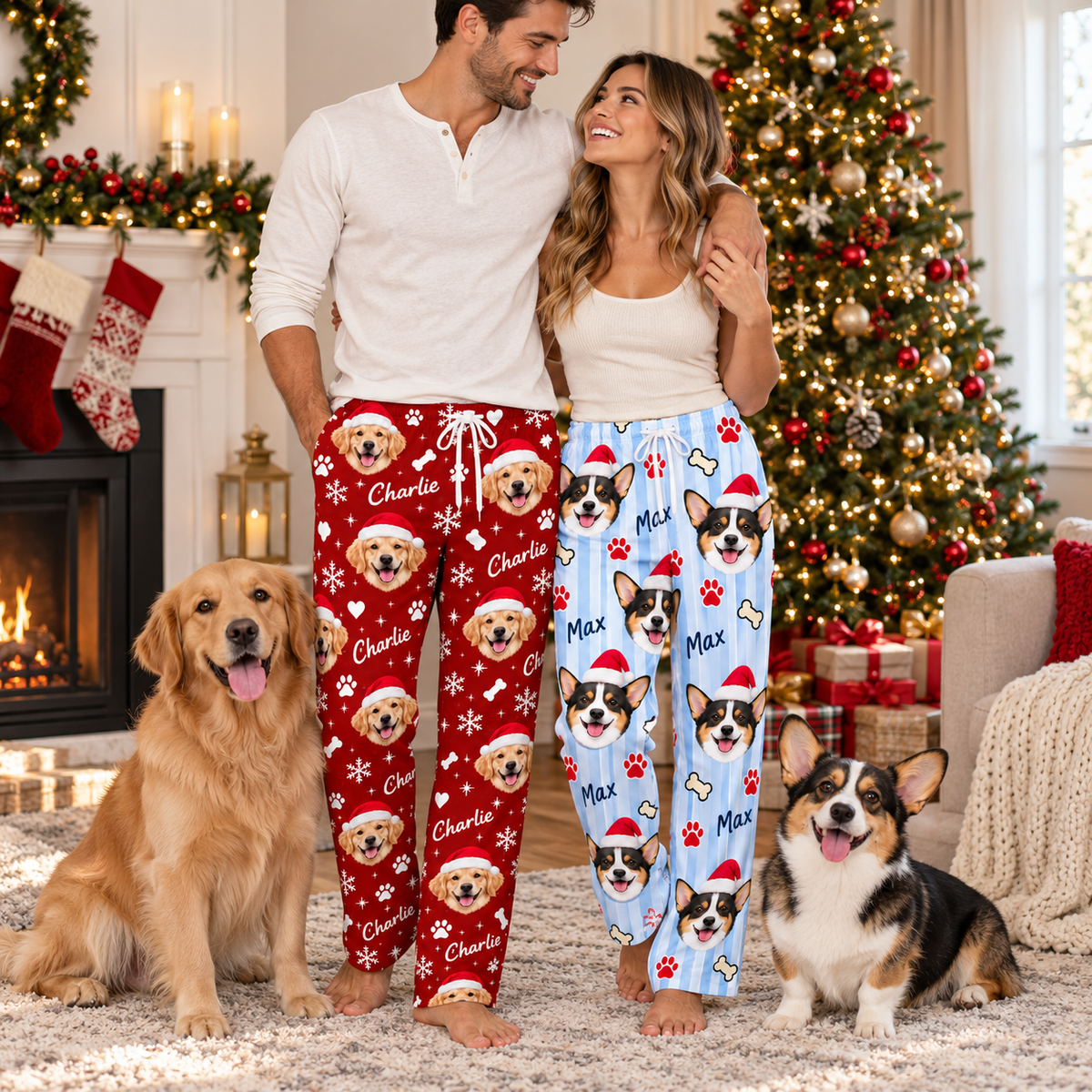 Personalized Pet Face Christmas Lounge Pants – Custom Dog Photo & Name Matching Pajama Pants